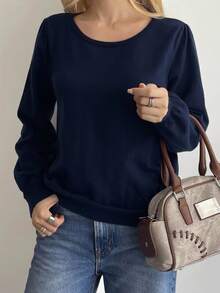Livesso Women's Solid Color Round Neck Long Sleeve Loose Backless Bowknot Sweater, Autumn - Navy Blue - View 6