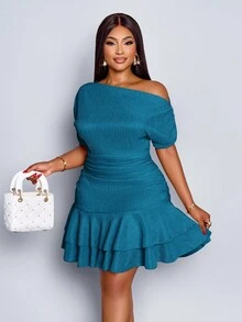 SOLERSUN Đầm ngắn tay dài cổ tròn xếp ly đôi màu mơ thanh lịch dành cho nữ dự tiệc ban ngày - Màu xanh ngọc - Xem 3