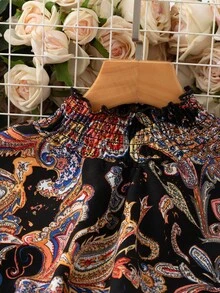 Rometta 大码女式度假腰果印花宽松立领长袖时尚衬衫 - 黑色 - 查看 5