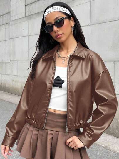 SHEIN Chaqueta de unicolor con cuello marrón para adolescentes, chaqueta casual corta, chaqueta con cremallera estilo deportivo y callejero, prenda exterior versátil de color marrón, de vuelta al colegio