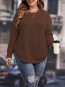 Vionelle 秋冬大码纯色休闲套头衫 - 棕色 - 查看 1