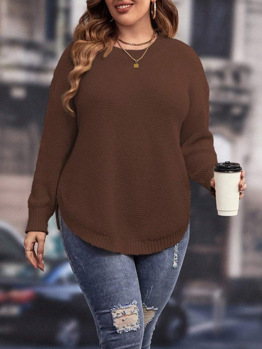 Vionelle 秋冬大码纯色休闲套头衫 - 棕色 - 查看 1