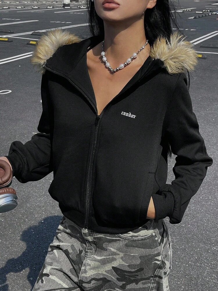 Women's Short Fitted Thermal Lined Hooded Sweatshirt With Fur Collar, Casual Street Style Jacket