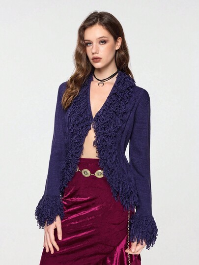 Hippie Women's Sexy V-Neck Fringe Trim Cardigan, Suitable For Parties, Banquets, Music Festivals