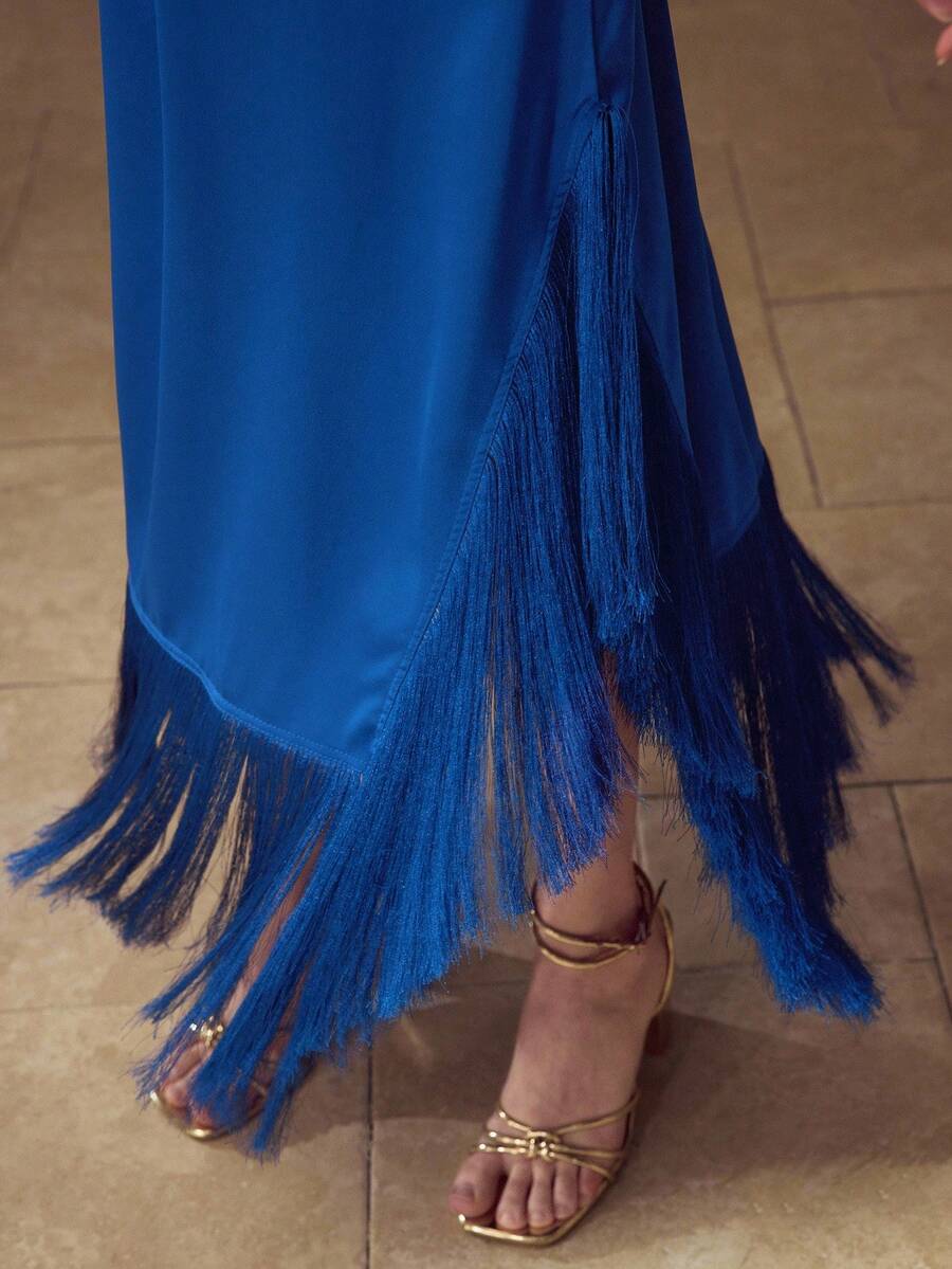 MOTF X Nour PREMIUM FRINGE HEM HALTER DRESS - Blue - View 2