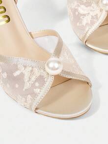 CUCCOO HITCHD Apricot Pointed Toe Stiletto Heel Lace Mesh Pearl Elegant Wedding Party Women's High Heel Sandals Open Toe Sandals For Christmas - Apricot - View 5