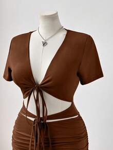 Sunspun Vestido ceñido de mujer talla grande de unicolor con escote en V sexy, cintura fruncida y recortes, para mujer - Óxido marrón - Ver 4