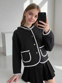 SHEIN Tween Girls' Elegant College Style White Contrast Trim Pocket Hooded Coat - Black - View 1