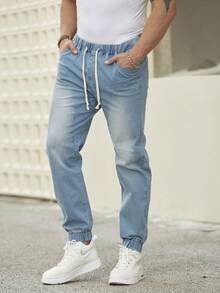 Manfinity Homme Men's Drawstring Elastic Hem Jogger Jeans, Plain Light Jeans Slim Fit Long Navy Blue Washed Cargo Jeans, For Husband, Boyfriend Gifts Going Out Sport Urban Street Hang Out - Blue - View 1