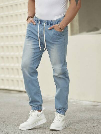 Manfinity Homme Men's Drawstring Elastic Hem Jogger Jeans, Plain Light Jeans Slim Fit Long Navy Blue Washed Cargo Jeans, For Husband, Boyfriend Gifts Going Out Sport Urban Street Hang Out