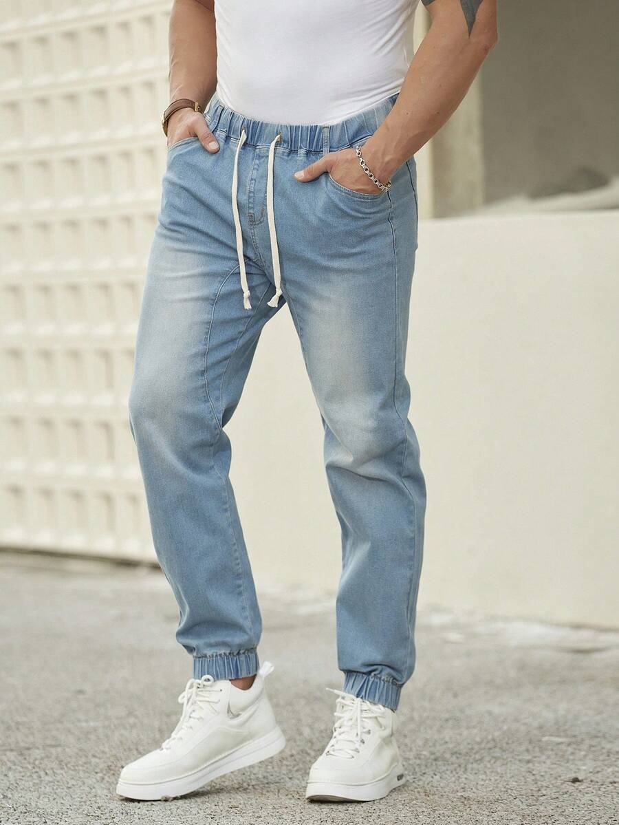 Manfinity Homme Men's Drawstring Elastic Hem Jogger Jeans, Plain Light Jeans Slim Fit Long Navy Blue Washed Cargo Jeans, For Husband, Boyfriend Gifts Going Out Sport Urban Street Hang Out - Blue - View 1
