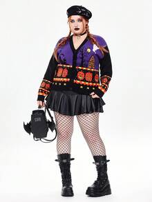 ROMWE Goth 大码女式哥特式南瓜、猫、蜘蛛网、幽灵图案提花针织开衫，秋冬款 - 彩色 - 查看 2