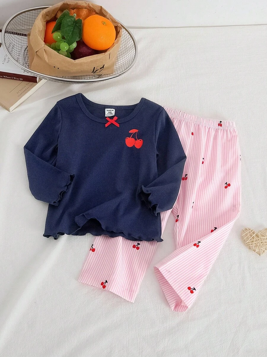 Baby Girls' Navy Blue Cherry Print Long Sleeve Top & Ribbed Pants Pajama Set Fall Winter - Multicolor - View 1