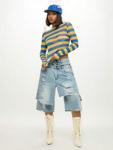 SUMWON WOMEN 蓝黄横纹条纹长袖上衣圆领套头衫 - 彩色 - 查看 3