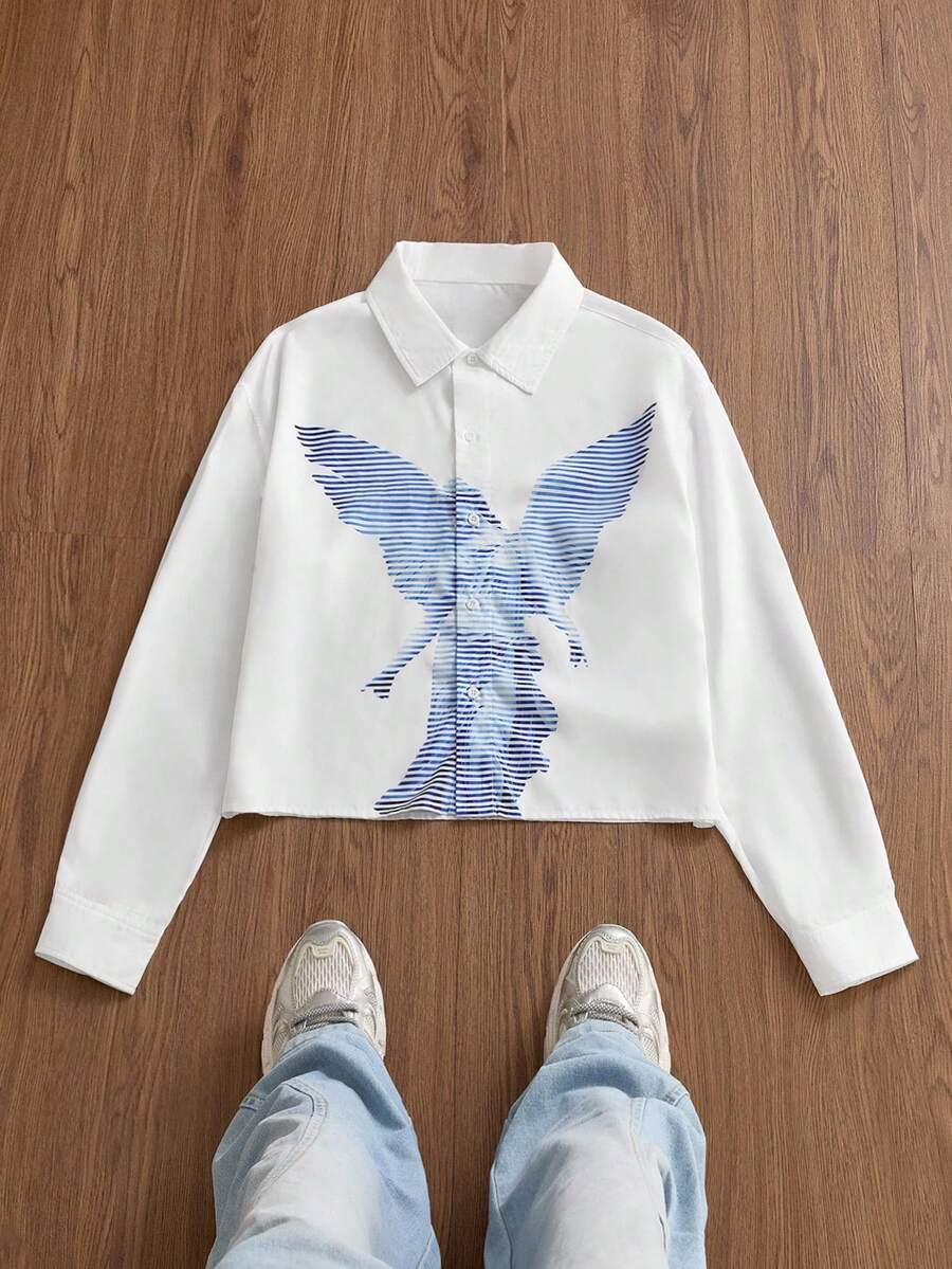 Manfinity Unisex 男士梭织长袖印花休闲衬衫，秋季情侣装 - 白色 - 查看 1