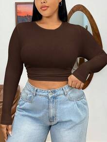 SHEIN EZwear 巧克力棕色罗纹针织修身女式T恤 - 巧克力棕 - 查看 1