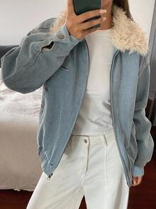 DAZY Áo khoác denim nữ dáng rộng, thoải mái, cổ lông xù, phối màu độc đáo, túi lớn, phong cách đường phố, lót giữ nhiệt, áo khoác nữ mùa thu/đông. - Rửa nhẹ - Xem 10