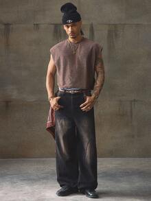 AXEPEAK 男士夏季休闲派对时尚街头金属光泽宽松背心 - 卡其色 - 查看 3