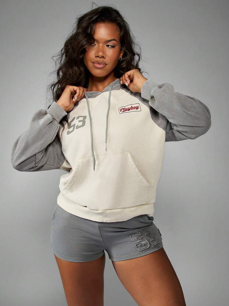 Missguided x Playboy Color Block Washed Hoodie With Drawstring Centre Pocket Comfort Sweatshirt