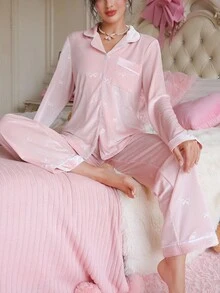 PetitDoll 女士纯色蝴蝶结提花天鹅绒和裤子睡衣套装，秋冬女士睡衣套装粉色睡衣套装粉色睡衣套装女士可爱睡衣长袖睡衣套装舒适优雅细节，秋季服装 - 淺粉色 - 查看 4