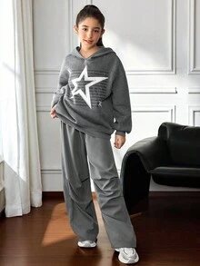 SHEIN Tween 女童休闲街头风星星字母图案连帽衫和斜纹布工装裤两件套运动服套装，儿童装，深灰色 - 深灰色 - 查看 3