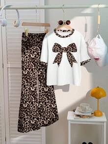 Conjunto de 2 piezas de estilo vintage con estampado de leopardo y lazo: camiseta de manga corta de cuello redondo holgada y pantalones acampanados para adolescentes y chicas, para estilo callejero, casual, deportivo, picnic al aire libre, salidas, fotografía callejera, hogar, campus - Multicolor - Ver 2