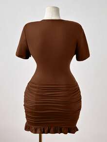 Sunspun Vestido ceñido de mujer talla grande de unicolor con escote en V sexy, cintura fruncida y recortes, para mujer - Óxido marrón - Ver 2