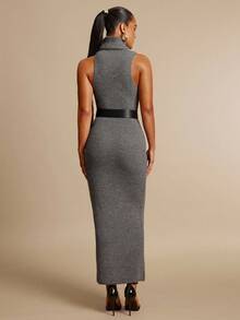 Silquee 女式休闲日常简约纯色高领无袖修身毛衣裙，不带腰带高领针织裙无袖高领裙灰色针织长裙高领长裙修身长裙秋冬 - 灰色 - 查看 2