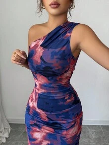 SHEIN Elenzya 女士奢华晚礼服，扎染印花不对称领口无袖性感连衣裙 - 藏蓝色 - 查看 5