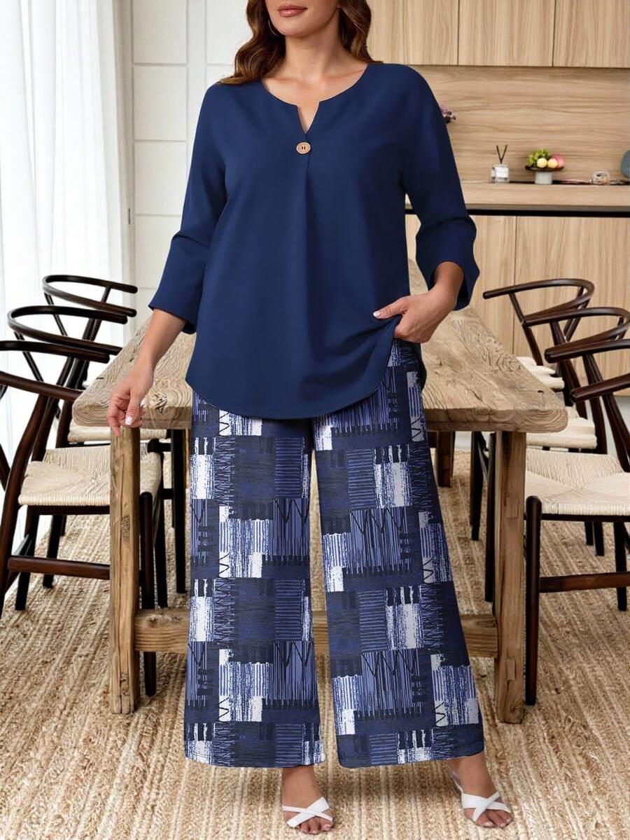 EMERY ROSE Plus Size Navy Blue Minimalist Line Print Comfortable Casual 2 Pieces Set - Multicolor - View 1