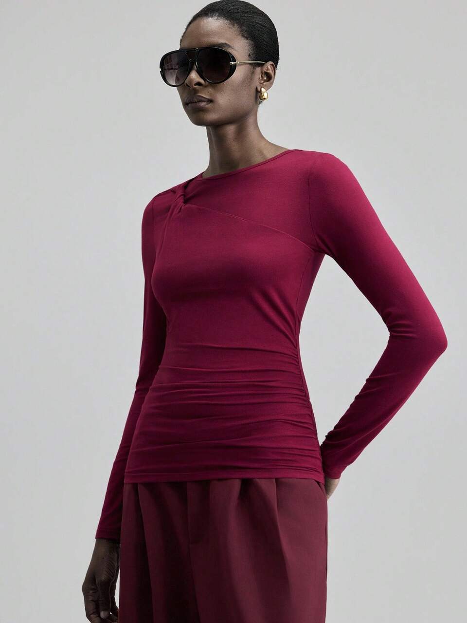 Cherry Red Autumn Elegant Office Women's Base Layer Top,2025 Winter Twist Shoulder Design Layered Skin-Friendly Urban Business Casual Blouse