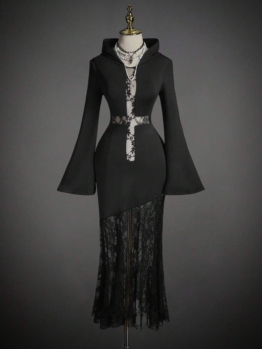 SHEIN ICON 女式哥特式蕾丝万圣节长裙 - 黑色 - 查看 1