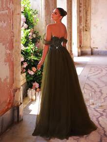 Glamrae Elegant And Gorgeous Olive Green Sequin Embroidery, Hand-Arranged Floral Appliques, One-Shoulder Back With Tie-Back Details, Oversized Sleeves And A Long Train, Suitable For Happy Gatherings, Dates, Formal Occasions, And Evening Dresses (Heavy-Duty Style) - Olive Green - View 4