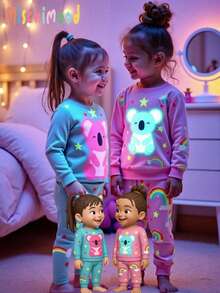 SHEIN 2pcs Baby Girls' Cute Rainbow Star & Bear Print Long Sleeve Bodysuit And Pants Pajamas Set - Blue - View 1