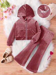 SHEIN 2-teiliges Set für Kleine Mädchen mit Strass-Buchstaben-Muster, Samt-Hoodie & weite Hose, Jogginghose, Outfits, süß & lässig & vintage, ideal für lässigen & täglichen Gebrauch & Schule im Sommer & Herbst, für Weihnachten - Pink - Übersicht 2