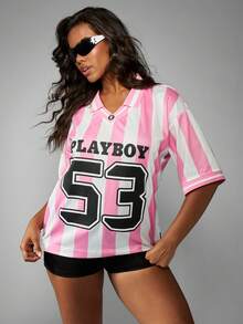 Missguided x Playboy Oversized Graphic Collared Jersey Shirt With Vertical Stripes And Number Print - Multicolor - View 1