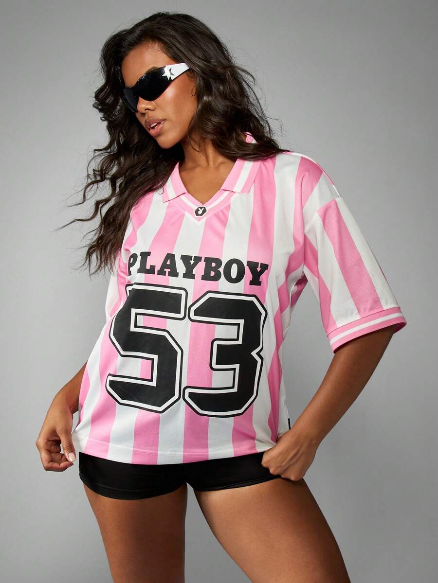 Missguided x Playboy Oversized Graphic Collared Jersey Shirt With Vertical Stripes And Number Print - Multicolor - View 1