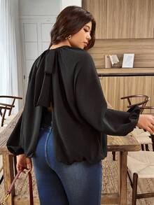 Weeklong Plus Size Solid Color Lantern Sleeve Back Split Tie Waist Shirt Fall Cloth For Women - Black - View 5