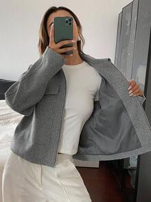 DAZY 女士百搭翻领短袖大衣 秋冬款 - 灰色 - 查看 12