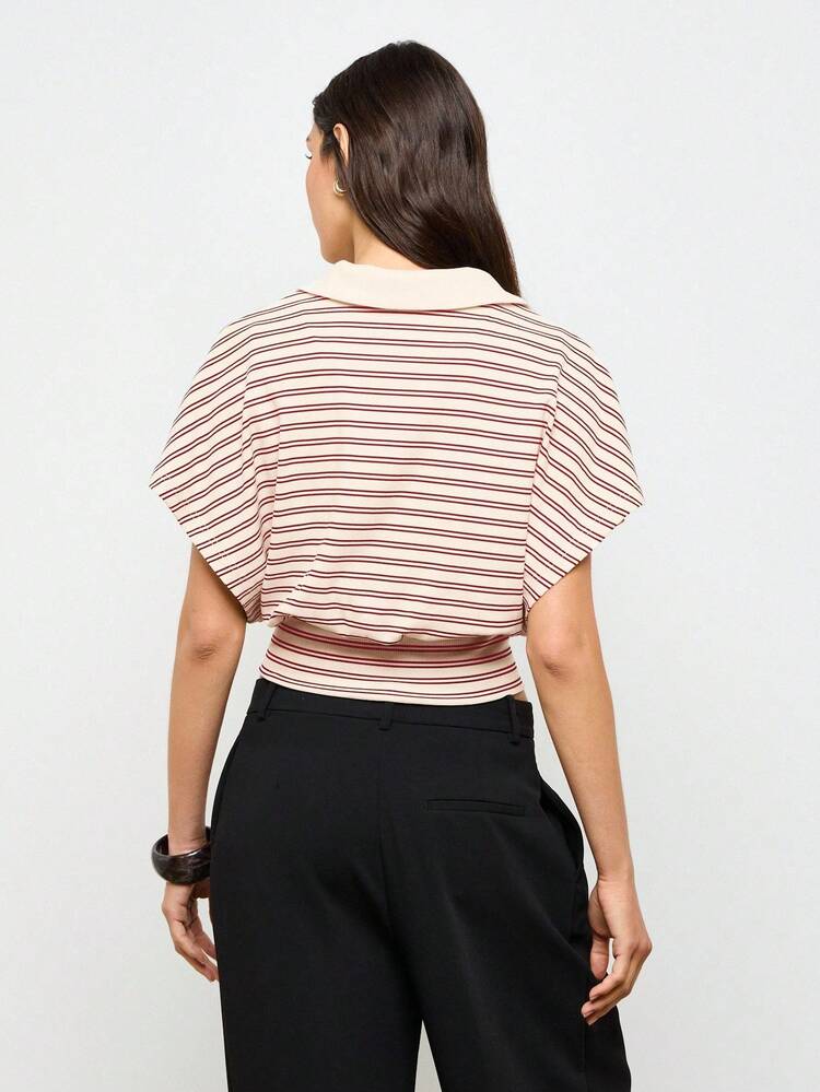 Ribbed Polo Crop Top With Dolman Sleeves