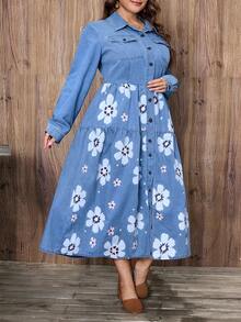 EMERY ROSE Plus Size Women Casual Light Blue Printed Long Sleeve Denim Dress - Light Wash - View 5