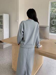 少女蝴蝶结装饰运动衫和裙子套装 - 淺灰色 - 查看 2