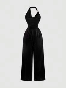 SHEIN MOD 女士黑色天鹅绒低胸阔腿连体裤 - 黑色 - 查看 2