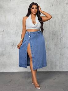 Slaydiva Falda vaquera azul con abertura alta y sexy para mujer de talla grande, primavera - Azul lavado medio - Ver 1
