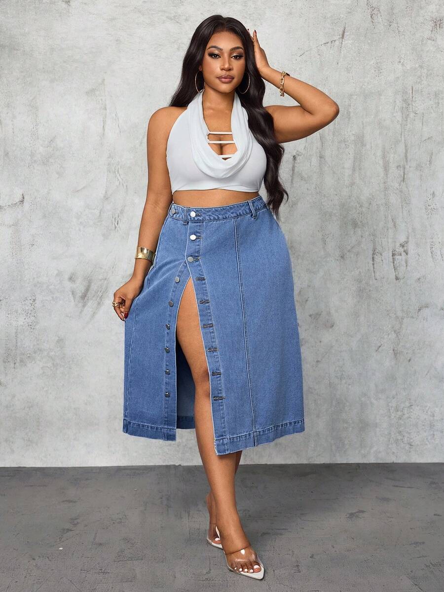 Slaydiva Falda vaquera azul con abertura alta y sexy para mujer de talla grande, primavera - Azul lavado medio - Ver 1