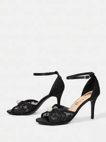 CUCCOO HITCHD 女士黑色露趾蕾丝网珍珠优雅婚礼派对高跟凉鞋 - 黑色 - 查看 3