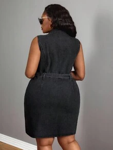 Slaydiva Gaun Denim Tanpa Lengan Kasual Warna Polos Ukuran Besar - Dark Grey - View 2