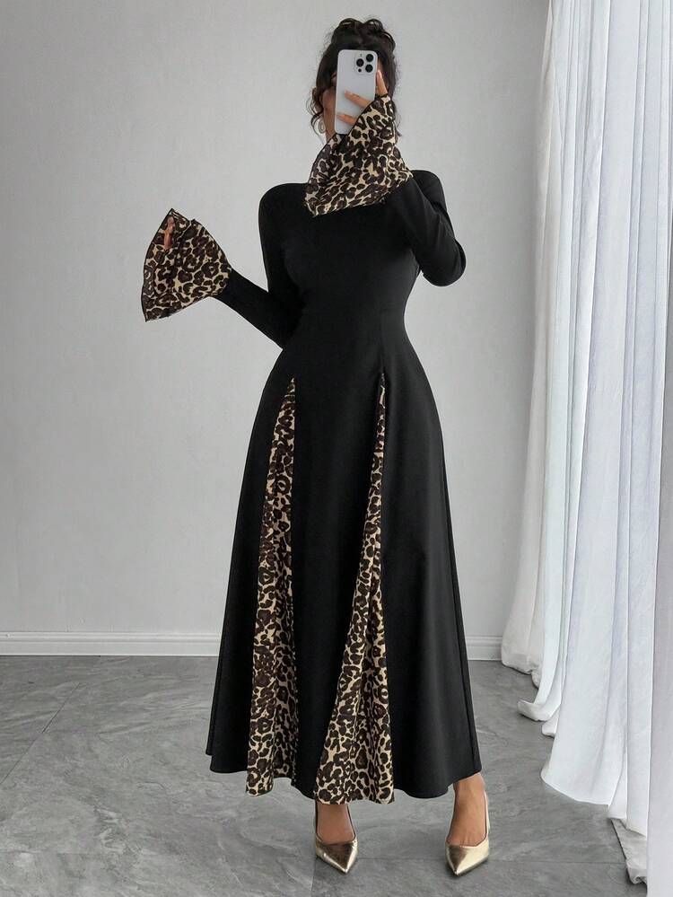 Autumn/Winter New Leopard Print Patchwork Elegant Women Dress Maxi Dress