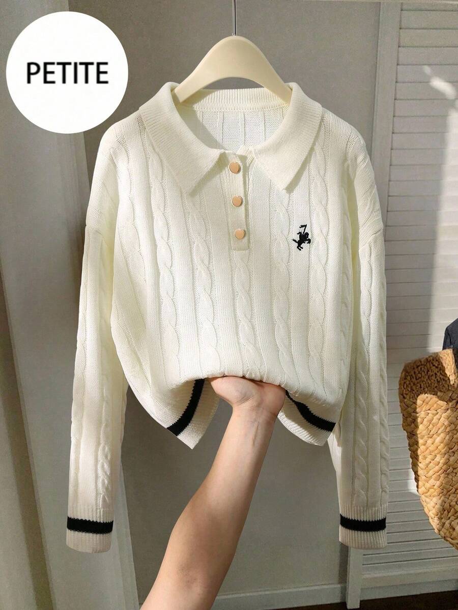 SHEIN PETITE 短款小巧撞色边简约长袖刺绣Polo领针织毛衣 - 米色 - 查看 1
