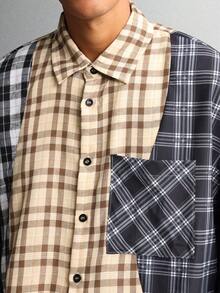 SUMWON Camisa de manga larga con ajuste ceñido, diseño de bloques de color a cuadros y a cuadros, con botones, de corte regular, de varios colores, de moda, de invierno, de uso casual, con diseño de patchwork y estampado mixto - Multicolor - Ver 3